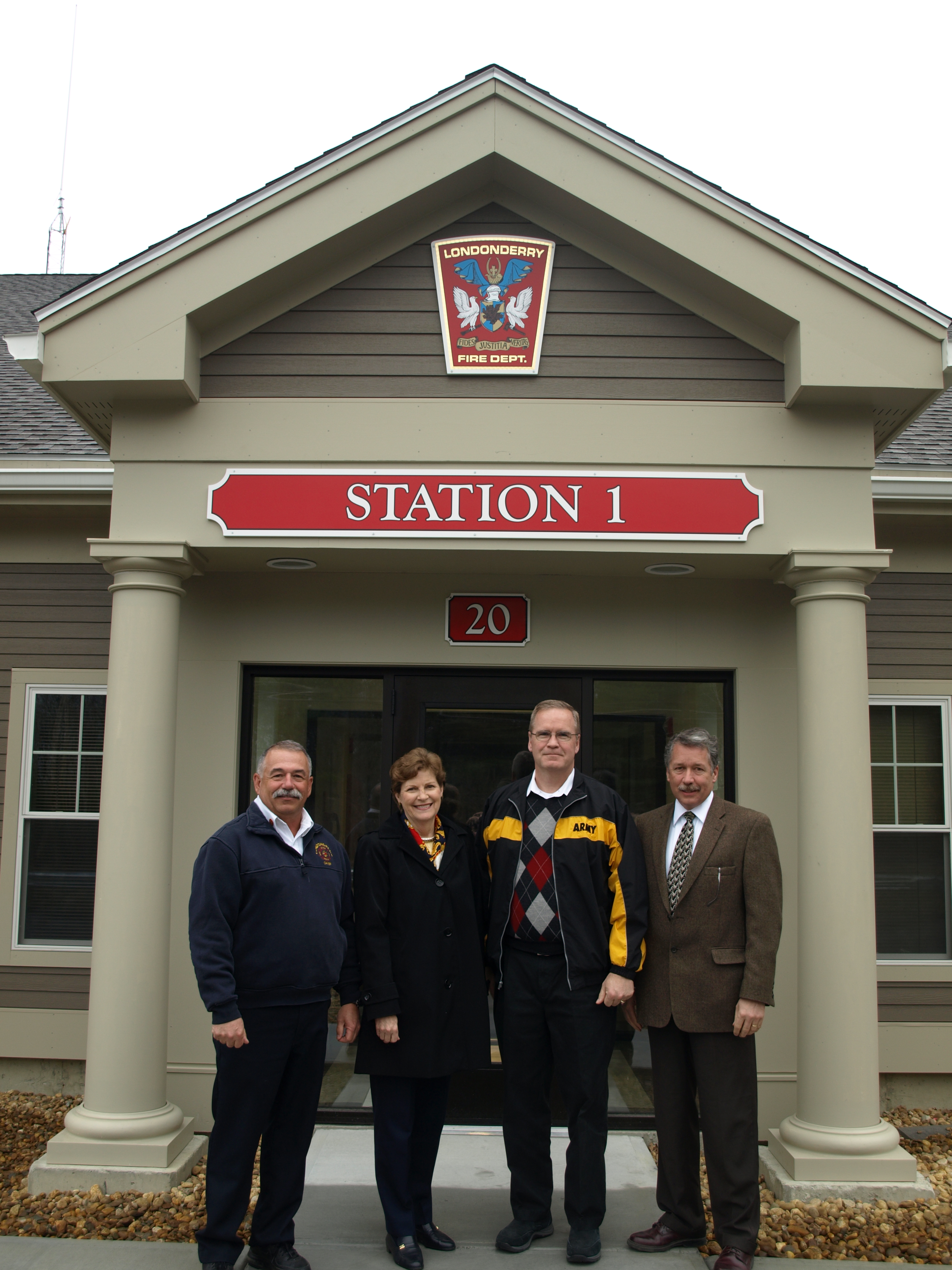 Shaheen with (left to right) Londonderry Fire Chief Kevin MacCaffrie, Town Councilor Tom Dolan, and Town Manager Dave Caron.